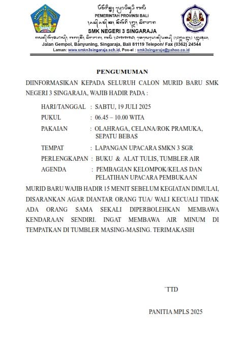 PENGUMUMAN DAFTAR ULANG DAN PELAKSANAAN MPLS TAHUN AJARAN 2025/2026