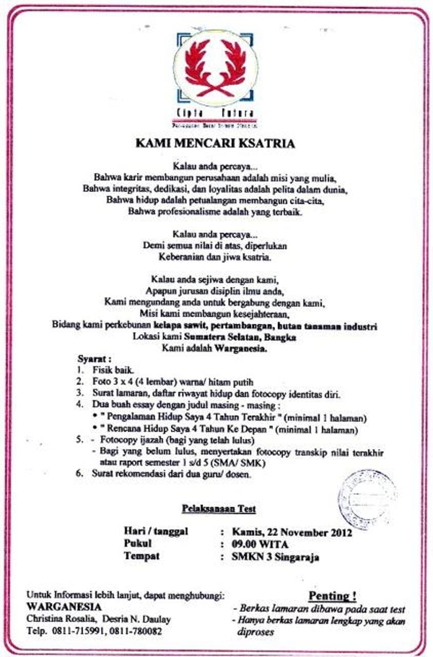 PT CIPTA FUTURA PALEMBANG MEMBUKA LOWONGAN KERJA